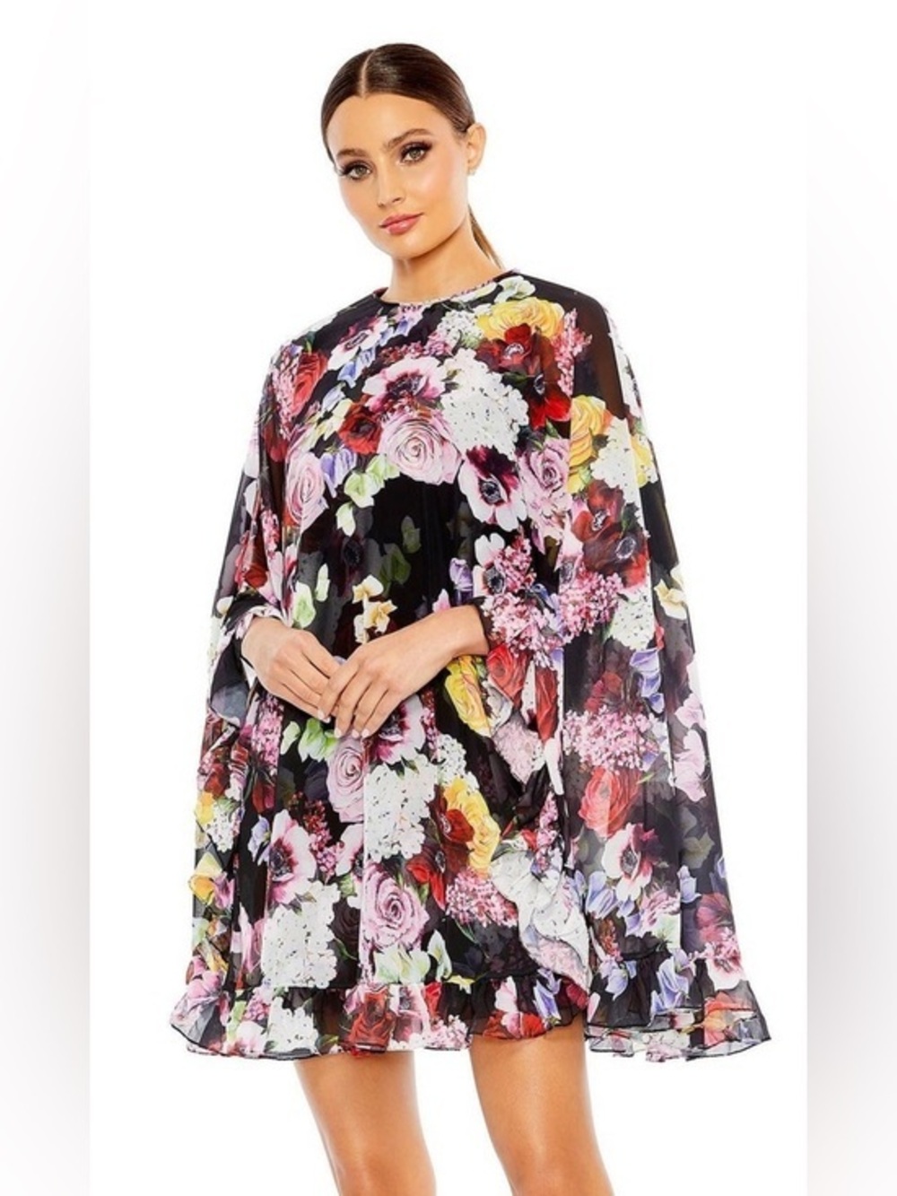 MAC DUGGAL Floral Print High Neck Cape Mini Swing Dress -Multicolor Sz: 2